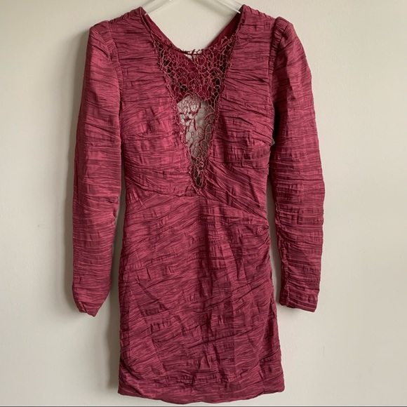 Free People Look of Love Ruched Bodycon Mini  Dress wine - Picture 7 of 15